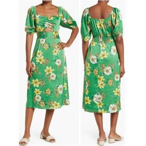 Collective Concepts Floral Puff Sleeve Cutout Midi Dress Green Yellow L